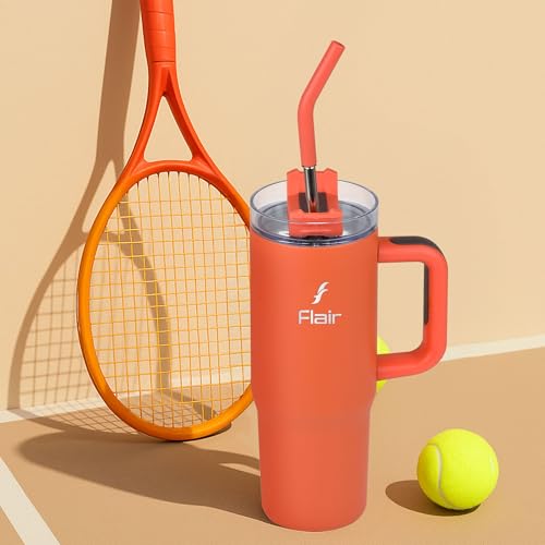 Image of FLAIR Vogue Insulated Tumbler with Lid, 2 Straws & Brush-750ml | Stainless Steel Sipper with Handle | Hot & Cold | Car Cupholder Friendly | Travel, Gym, Gift (Mandarin Orange)