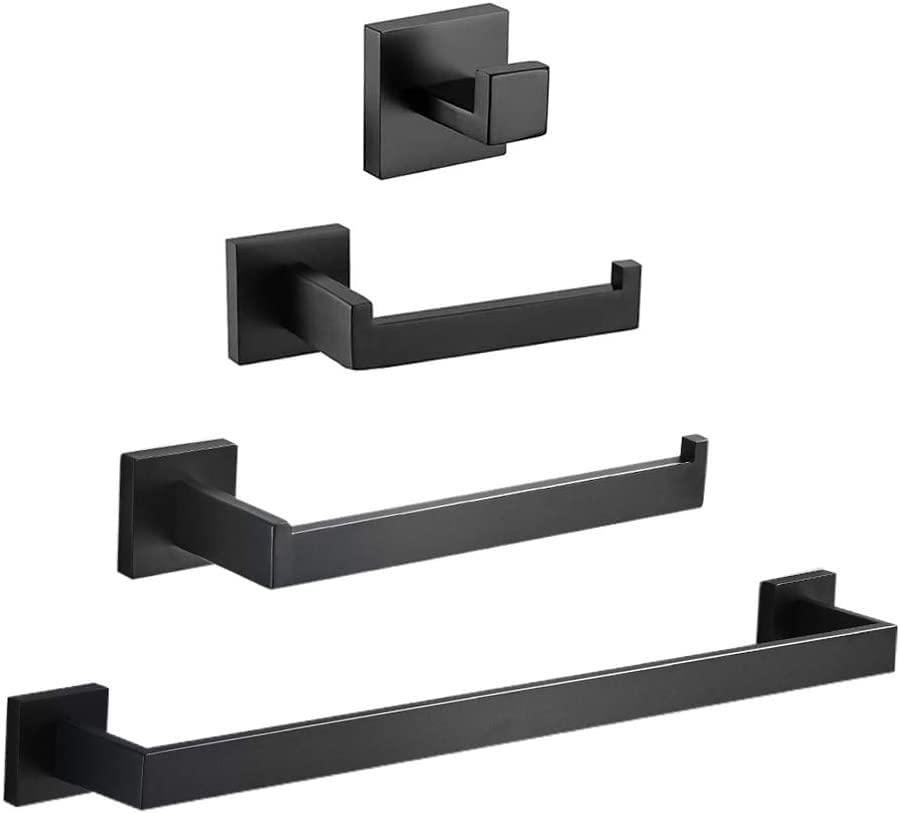 El Mejor Listado de Accesorios de baño Top 10. 45 PThink Juego de 4 Accesorios de baño Barra de Toallas de Acero Inoxidable con Toallero en Barra, Portarrollos de Papel Higiénico, Toallero de Mano, Gancho Toallero(Negro)