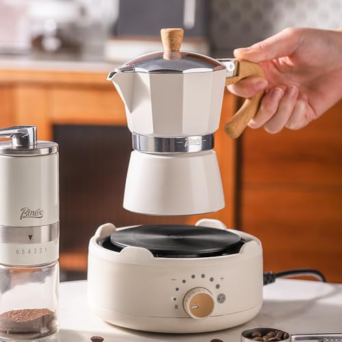 Image of Bincoo Espresso Maker Stovetop,Camping Moka Pot 2 Cup /120ML,Stove Top Espresso Italian Coffee Maker,Easy to Use (White)