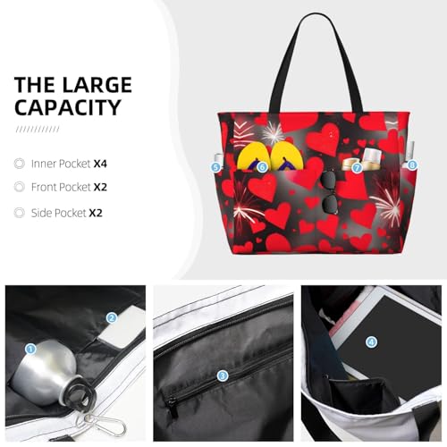 Red Hearts Firework Extra Large Tote Bag For Women,Foldable Beach Bag With Pocket Weekender Travel Overnight Bag3