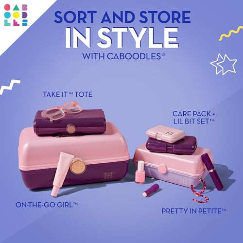 Image of Caboodles On-The-Go Girl Makeup Box, Two-Tone Lilac on Cobalt, Hard Plastic Makeup Organizer Box, Built-In Mirror, Secure Latch for Safe Travel, Spacious Storage for Large Items