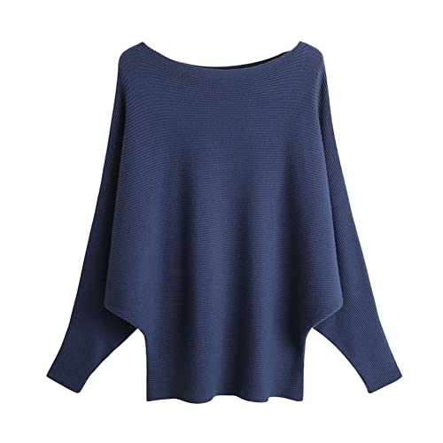 Image of Blostirno Women's Boat Neck Batwing Sleeves Dolman Ribbed Knitted Sweaters Pullovers Tops