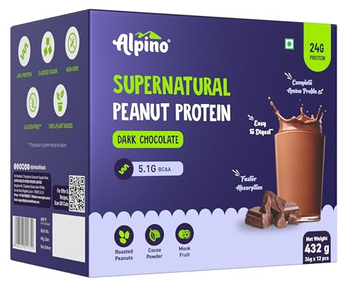 Image of ALPINO Supernatural Peanut Protein Powder Dark Chocolate 432g (36g x Pack of 12) - Roasted Peanuts, Cocoa Powder & Monk Fruit - 24g Protein, 5.1g BCAAs, No Added Sugar - World's First Peanut Protein Isolate