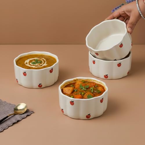 Image of The Earth Store Cream Apple Vegetable Bowl - 250ML Ceramic Bowl Set of 4 | Microwave & Dishwasher Safe Bowl Ceramic for Home, Gifting & Restaurants