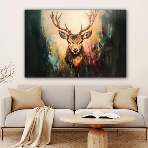 MuchoWow© Leinwandbilder Groß 120x80 cm XXL Wall Art Decoration Bilder für die Wand Schlafzimmer Deko Canvas Painting Wanddekoration Wohnzimmer Hirsch - Gemalt - Geweih - Braun
