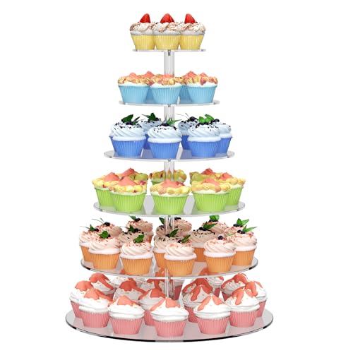6 Tier Large Acrylic Round Cupcake Stand, Clear Wedding Cupcake Tower Stand, Cupcake Tier Stands for Dessert Table, Tiered Cupcake Holder Stand, Cupcake Display Stand for Birthday Party