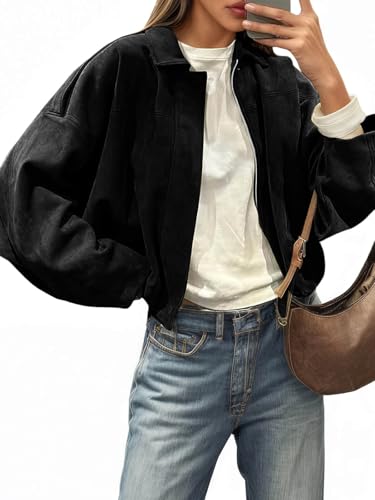 Image of Cicy Bell Womens Faux Suede Bomber Jackets Oversized Cropped Zip Up Lapel Coats Fall Casual Outerwears