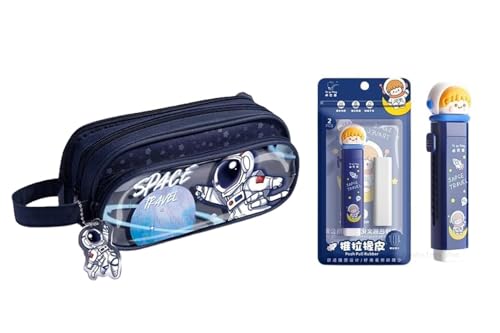 Image of Kawaii Space Travel Pencil Pouch with Push Pull Eraser Set for Kids | Premium Large Capacity Pencil Case for Boys & Girls | School Stationery Combo Gift Set