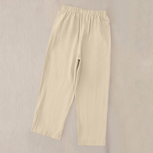 LMSXCT Women Casual Lightweight Elastic Waist Side Buttons Cotton Linen Capri Pants with Pockets Summer Vacation Beach Capris Beige — view 2
