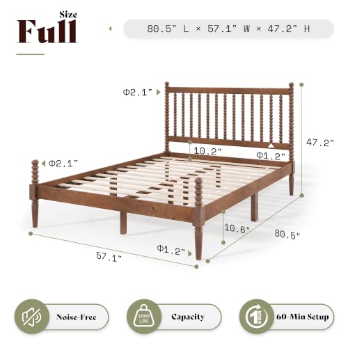 Image of AMERLIFE Full Solid Wood Bed with Bobbin Spindle Headboard, Dark Walnut