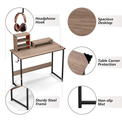 Viewee 39\'\' Computer Desk with Monitor Riser | Writing Desk Small table Home Office Desk with Removable locker and Hook | Modern Student Study Desk with Stable Structure (Brown)