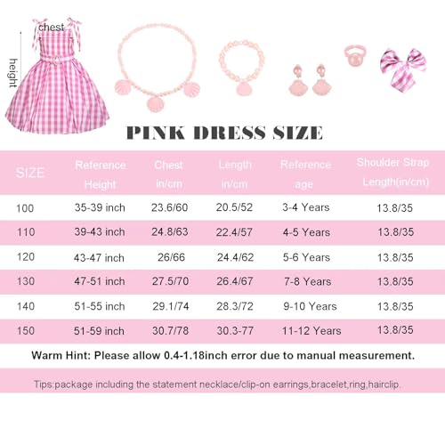 ATIMIGO Girls Pink Plaid Suspenders Dress Movie Cosplay Costumes Halloween Party Outfit for Girls Dress Up with Accessories 9-10 Years - Thumbnail 5