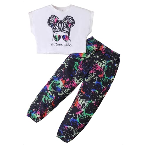 KONFEN Conjunto Ropa Niña 2 Piezas, Hip Hop Crop Top Manga Corta + Pantalones Camuflaje con Bolsillo, Top e Pantalones Jogger Deportivo Ropa Street Dance Verano Otoño para Niña 6 a 7 Años, Negro