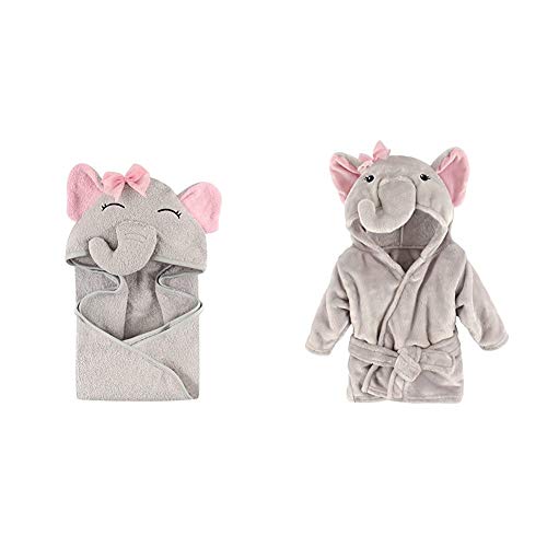Hudson Baby Unisex Baby Cotton Animal Face Hooded Towel, Pretty Elephant, One Size and Hudson Baby Unisex Baby Plush Animal Face Robe, Pretty Elephant, One Size, 0-9 Months