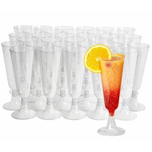MATANA 50 Plastic Champagne Flutes 5oz with Silver Glitter - Sturdy & Reusable - Cocktails, Prosecco, Mimosa - Toasting Glasses for Birthdays, Wedding