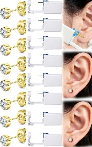 Get the Perfect Ear Piercing with 24Pcs Premium Ear Piercing Kit - Includes 8 CZ Stones Earrings and 8 Easy-to-Use Self Ear Piercing Gun - Safe and Painless