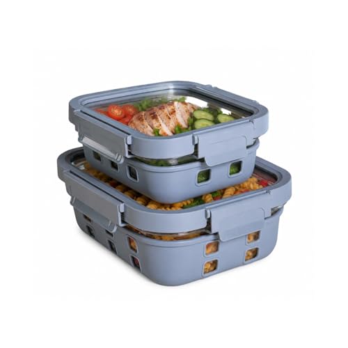 Image of Griplok Glass Lunch Box with Leakproof Lid, Borosilicate Food Storage Container with Silicone Sleeve, Airtight, Microwave /Dishwasher Safe (Glacier Blue, 1x640ml + 1x1050ml)