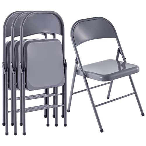 LeChamp Lot de 4 chaises pliantes d'intérieur avec cadre en métal robuste - Chaises de salle à manger pliantes - Chaises de bureau en acier avec chaise à triple renfort - Gris