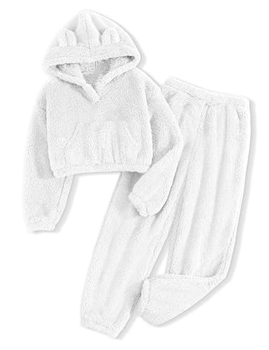 Image of Shallmu Girls Fuzzy Bear Ear Plaid Hoodie Pullover Sweatshirt with Pocket Sweatpants Fall Winter 2 Piece Outfits
