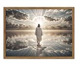 Jesus Walking on Water Wall Art, Christian Wall Decor Paintings Religious Savior Poster Canvas Print Pictures Artwork for Living Prayer Room Bedroom 16x24 inch Wood Framed