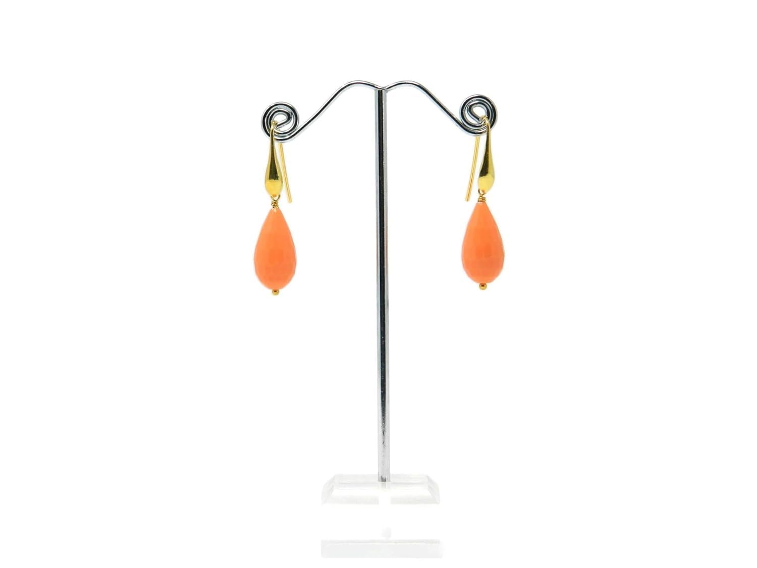 Orecchini Pendenti Donna in Pasta di Corallo Rosa Salmone Scuro 10x20mm – Gocce Sfaccettate con Gancetto Argento 925 Placcato Oro – Handmade Made in Italy Nickel Free - DodiGioielli