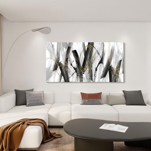 Image of AJAZIKO Abstract Wall Art for Living Room - Large, Black and Gold Wall Art Decor, Office Pictures, Modern Artwork Paintings, Black and White Wall Decor - Ideal for Bedroom and Office Decorations