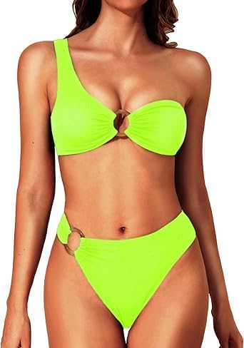 One Shoulder Sesy Bikini Ribbed Swimsuit 2 O Ring Bikini Two Piece Bathing Suit High Cut Bold-image-31