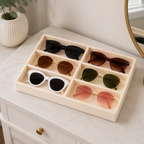 Image of 6 Slot Sunglasses Organizer Tray for Drawer, Cream | Keeps eyeglasses, goggles, readers and shades arranged neatly in wardrobe, closet, drawer, dresser or dressing table daily