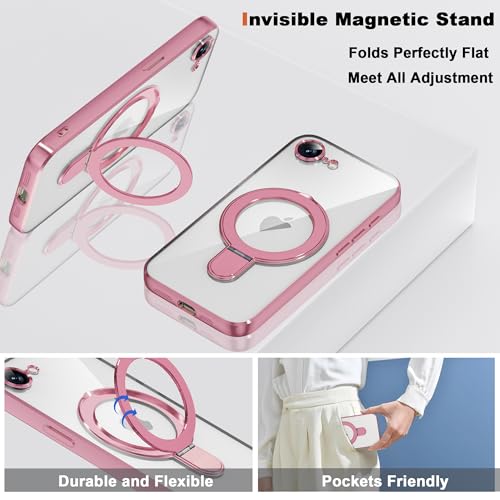 ETPESOK Compatible with iPhone 17E/16E Case with Invisible Magnetic Ring Stand [Compatible with Mag-Safe] [Full Camera Lens Protector] Plating Clear Phone Case for iPhone 17E/16E 6.1", Pink by ETPESOK - Used condition - Image 6