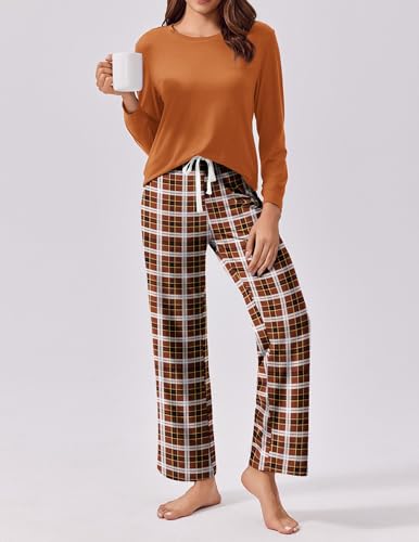Ekouaer Womens 2 Piece Pajama Set Long Sleeve PJs with Plaid Pants Drawstring Elastic Waist Sleepwear Lounge Set2