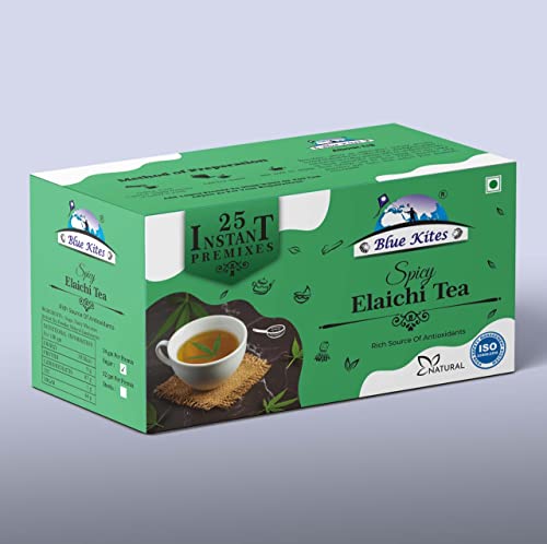 BLUEKITES Elaichi Tea Instant Tea Premixes, Cardamom Chai 100% Natural Spices (25 sachets, 14g)