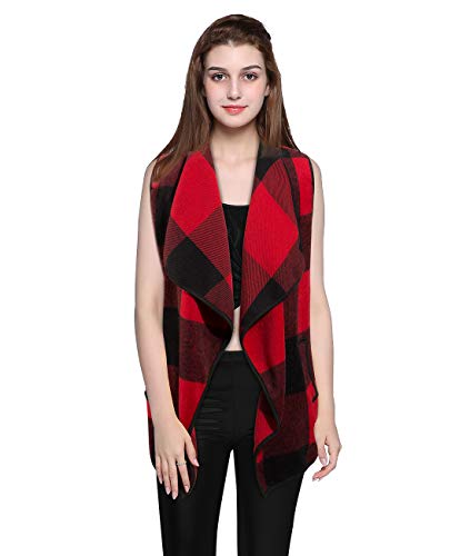 Women Lapel Open Front Sleeveless Plaid Vest Cardigan Coat Jacket Pockets Red and Black,Small