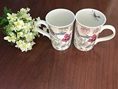 Lightahead Elegant Bone China Two Coffee Mugs set in Blue bird design 11.2 oz each cup in attractive gift box