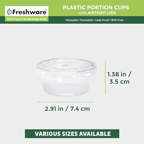 Image of Freshware Plastic Portion Cups with Lids [3.25 Ounce, 200 Sets] Disposable Plastic Cups for Meal Prep, Salad Dressing, Jellos Shot Cups, Souffle Cups, Condiment and Dipping Sauce Cups