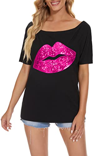 PESION Women Off The Shoulder Tops Sexy Shiny Metallic Shirts Short Sleeves Fashion Graphic T-shirts Blouses4