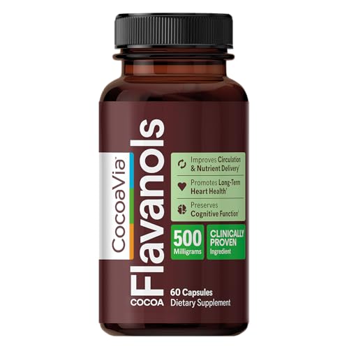 CocoaVia Cocoa Flavanols 500mg Heart & Brain Support Supplement High Flavanol Cocoa Blood Circulation & Memory Booster Nitric Oxide Energy & Oxygen Boost Vegan Gluten-Free 60 Capsules
