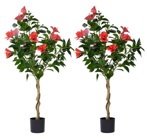 Nisorpa 2 Pcs 4 Feet Hibiscus Artificial Tree Faux Tree with Red Hibiscus Flowers Artificial...