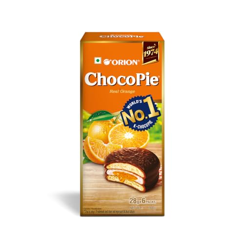 Image of ORION Orange Choco Pie (6 pies) Centre-Filled Chocolate Biscuit - Orange Flavor,168g