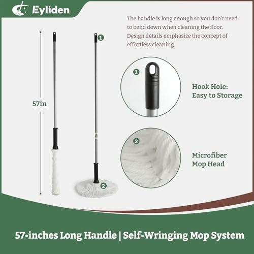 Eyliden Twist Mop - Simple | Easy Self-Wringing, 57" Long Handle, Safe for All Type Floors, Microfiber String Mops for Cleans Dust & Pet Hair, Quick Absorbs Water Spills on Floor, JX-0001 (White)