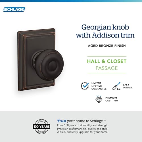 Image of Schlage F10 GEO 716 ADD Georgian Door Knob with Addison Trim, Hall & Closet Passage Lock, Aged Bronze