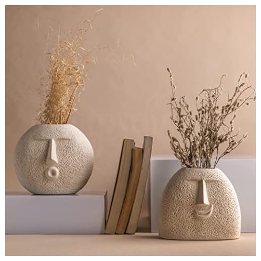Glimpse Homes Ceramic Flower Vase | Set of 2 | Upbeat Face Vase 5.5 inches & Blowing Kiss Face Vase 6 inches (White, Raw Finish)