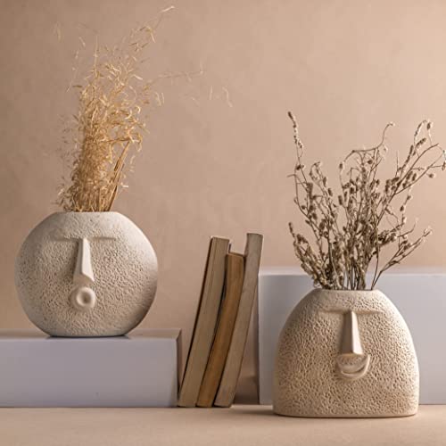 Image of Glimpse Homes Ceramic Flower Vase | Set of 2 | Upbeat Face Vase 5.5 inches & Blowing Kiss Face Vase 6 inches (White, Raw Finish)