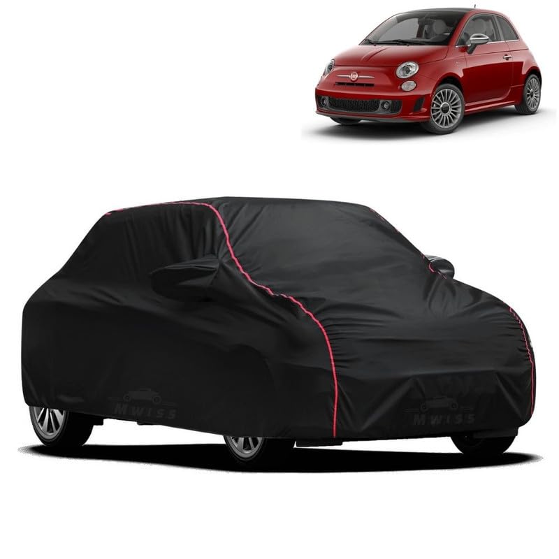 Image of Waterproof Car Cover for Fiat Abarth | All-Weather Protection, Dustproof & UV Resistant | Triple Stitched Mirror Pockets, Windproof Buckle Strap with Elastic Hem, Black-Red Piping