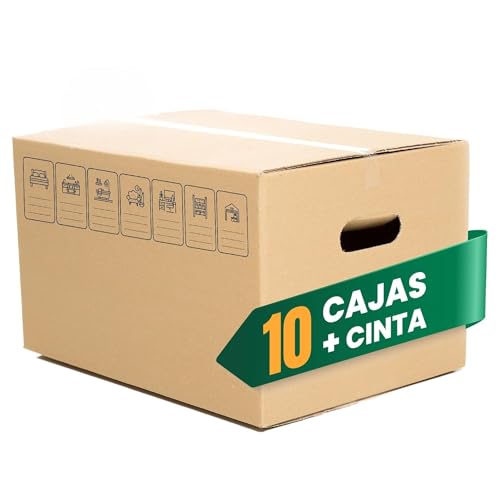 GROWMANIA Pack 10 Cajas de Cartón 50 x 30 x 30 + Precinto de Regalo | Cajas Resistentes Mudanza y Almacenaje con Asas Transporte Marron | Aptas para Envíos con Iconos Identificativos