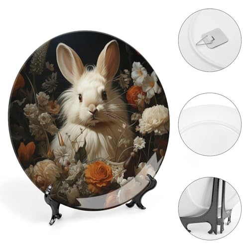 Plato decorativo de porcelana con conejo y flores 7 pulgadas miniatura 4