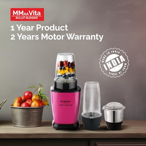 Image of Lesco 500W Mixer Grinder Blender Smoothie Maker with 3 Stainless Steel Jars and Copper Motor, 2 Years Warranty 21000 RPM Fine Grind in 20 secs, Baby Booster, Pink