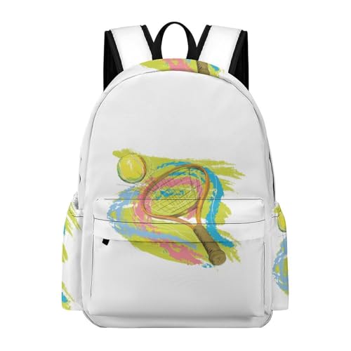 Graffiti Tennis Racket Cute Backpack Travel Work Bag with Water Bottle Pocket Adjustable Padded Shoulder Straps Daypack