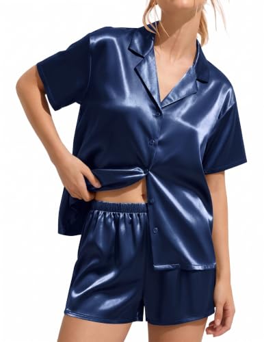 Image of Ekouaer Womens Satin Pajama Set Short Sleeve Sleepwear Button Down Pjs