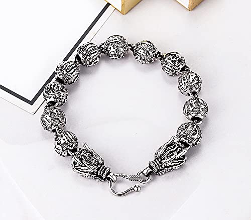 925 Sterling Silver Carved Mantra Bead Dragon Chain Lucky Wealthy Amulet Bracelet for Mens (Silver Black Two-Tone Polished)3
