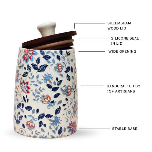 Image of Vistas 'Blue Bloom' Airtight 450ml Set of 2 Straight Ceramic Jar for Kitchen Storage | Handcrafted Ceramic Barni with Wooden Lid | Multipurpose Pickle, Spice, Salt, Sugar, Coffee & Achar Container.